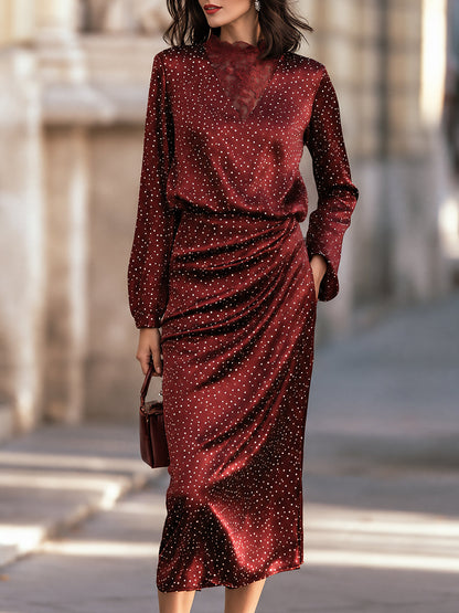 Lace-Trimmed V-Neck Ruched Midi Dress