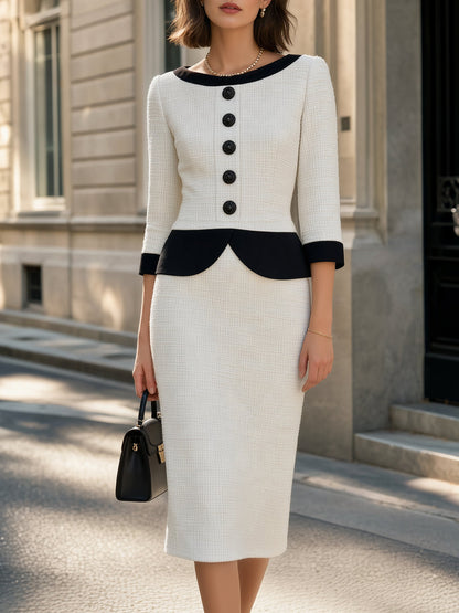 Contrast Trim Tweed Button-Up Midi Dress