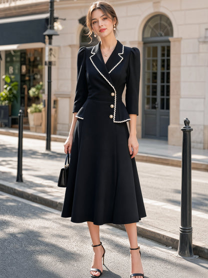 Scallop Trim Peplum Lapel Midi Dress