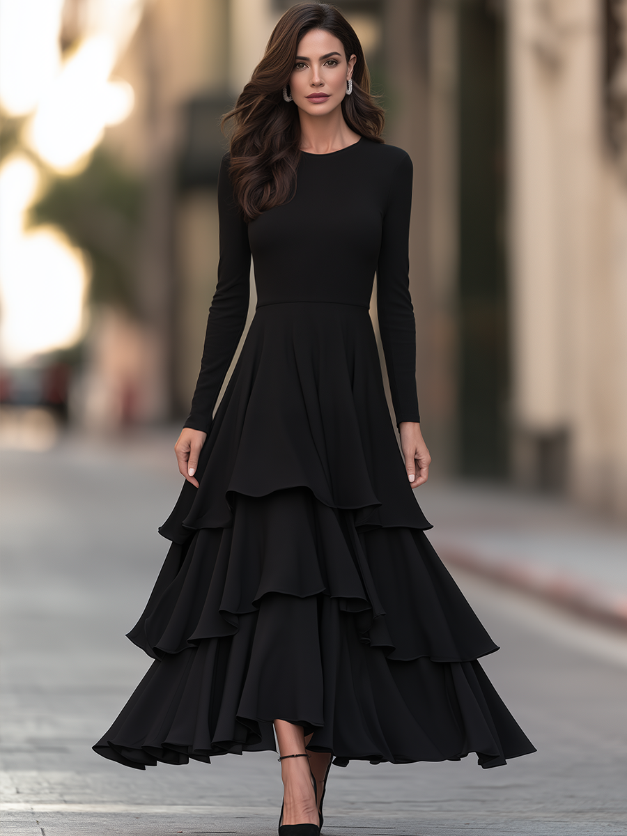 Round-Neck Tiered Ruffle Fit-and-Flare Maxi Dress
