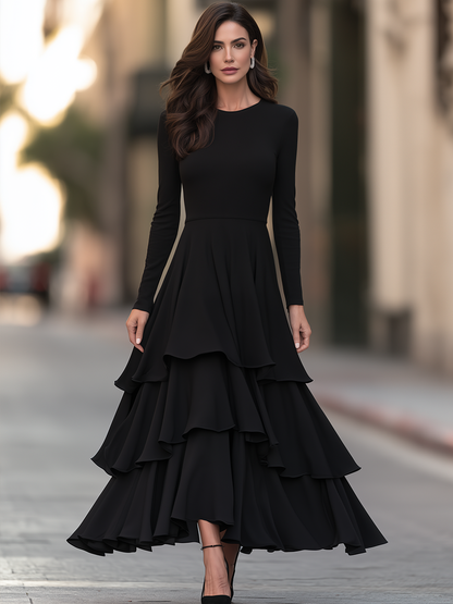 Round-Neck Tiered Ruffle Fit-and-Flare Maxi Dress