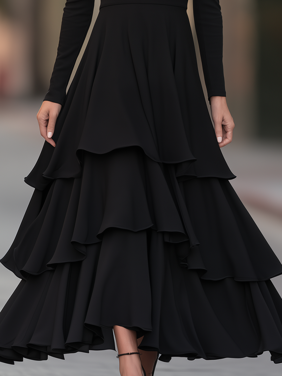 Round-Neck Tiered Ruffle Fit-and-Flare Maxi Dress