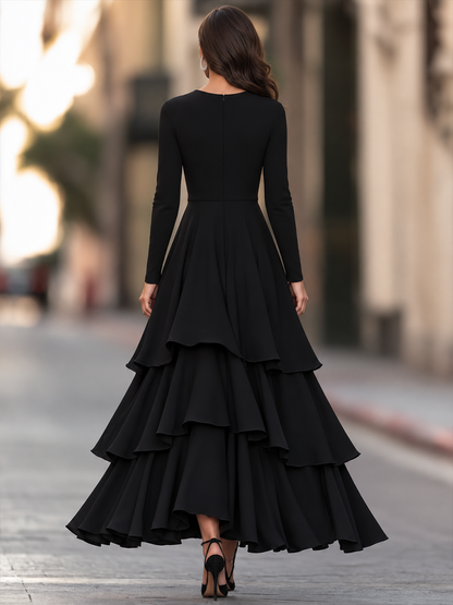 Round-Neck Tiered Ruffle Fit-and-Flare Maxi Dress