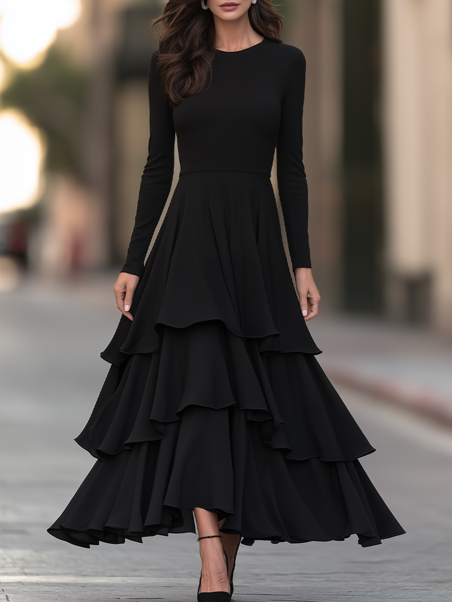 Round-Neck Tiered Ruffle Fit-and-Flare Maxi Dress