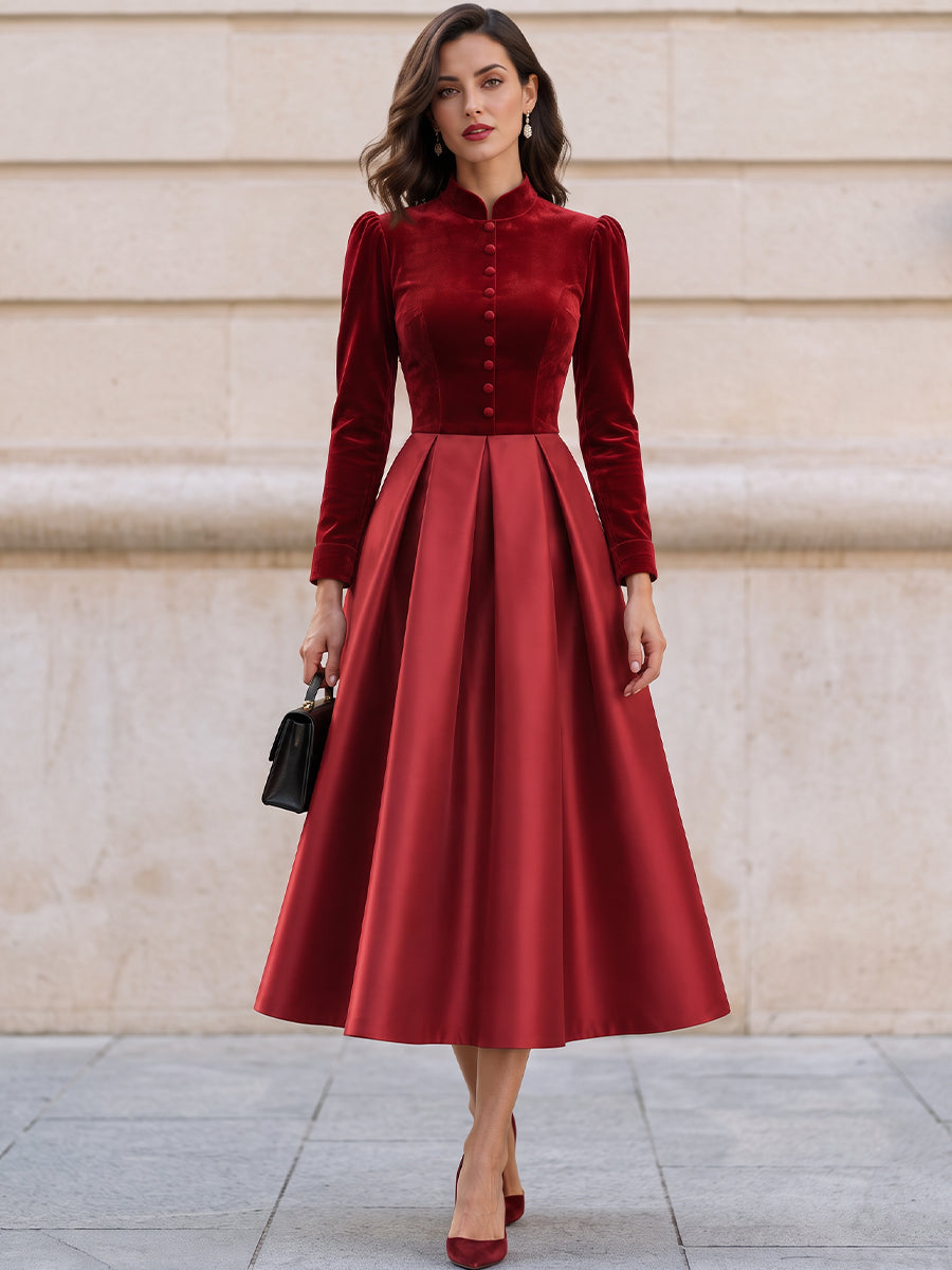 Mandarin Collar Velvet Satin Mix Midi Fit And Flare Dress