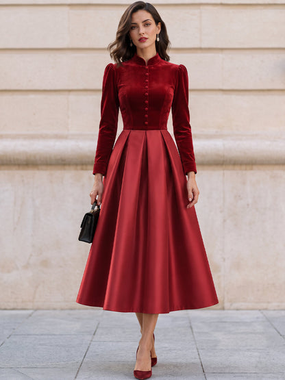 Mandarin Collar Velvet Satin Mix Midi Fit And Flare Dress