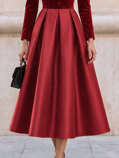 Mandarin Collar Velvet Satin Mix Midi Fit And Flare Dress