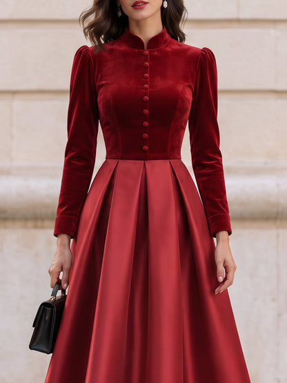 Mandarin Collar Velvet Satin Mix Midi Fit And Flare Dress