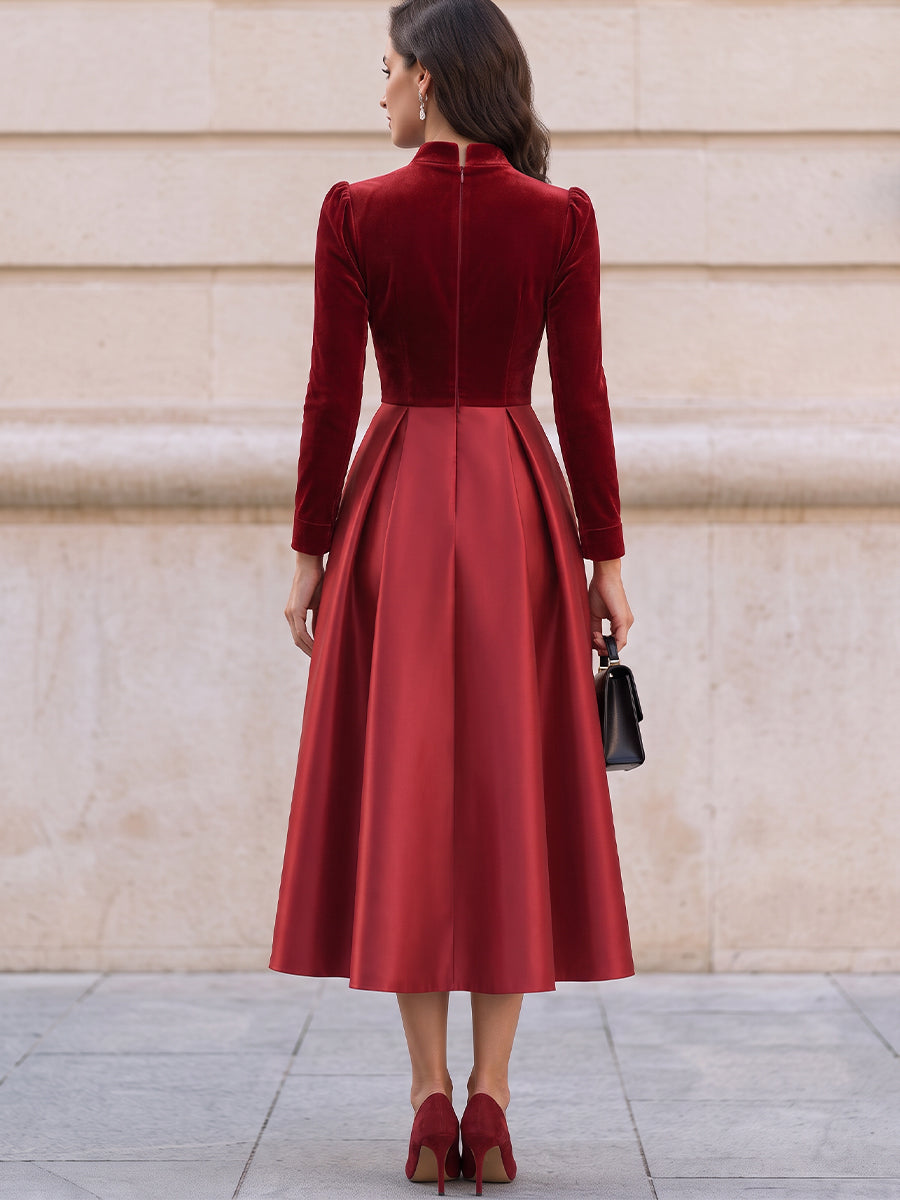 Mandarin Collar Velvet Satin Mix Midi Fit And Flare Dress