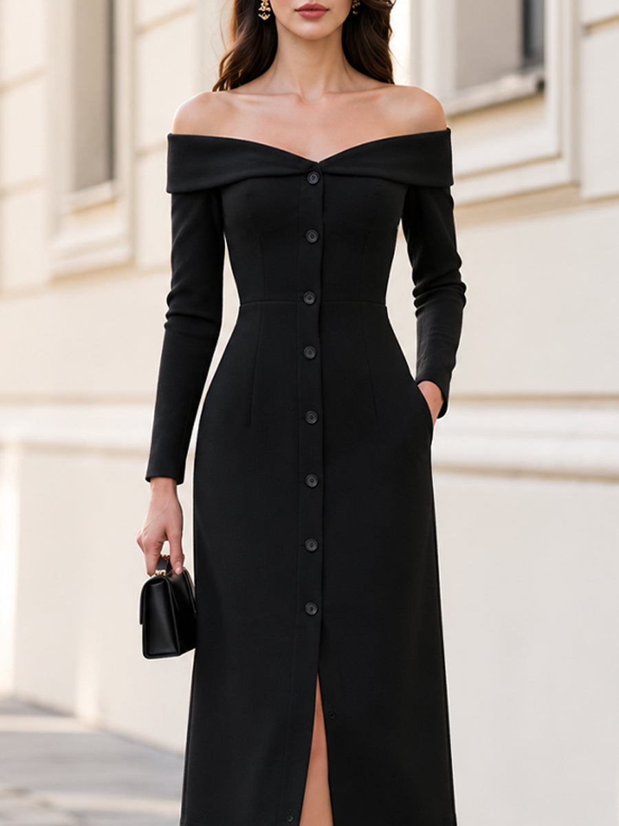 Off Shoulder Fold Over Collar Button Front Long Sleeve Midi Dress