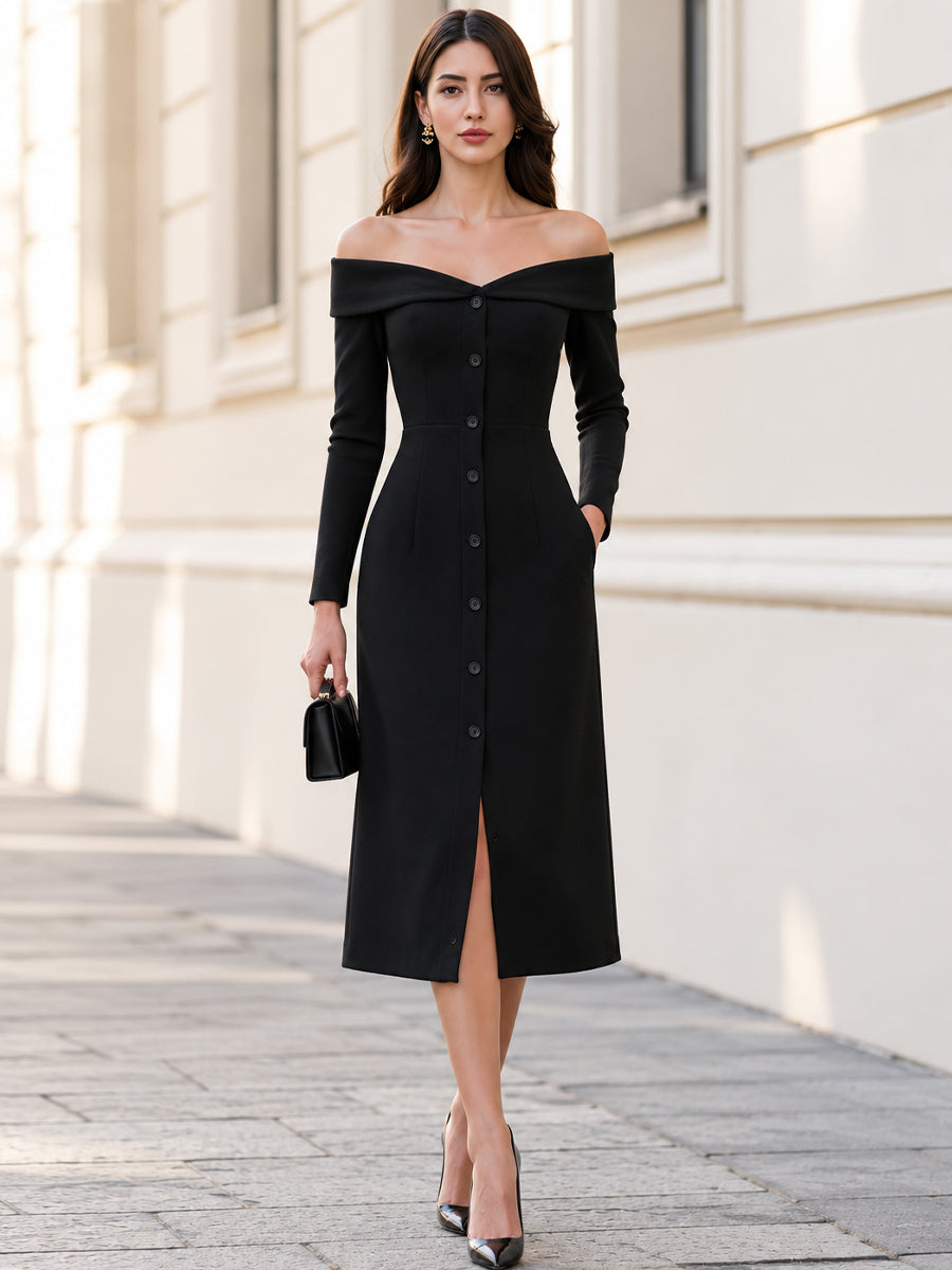 Off Shoulder Fold Over Collar Button Front Long Sleeve Midi Dress