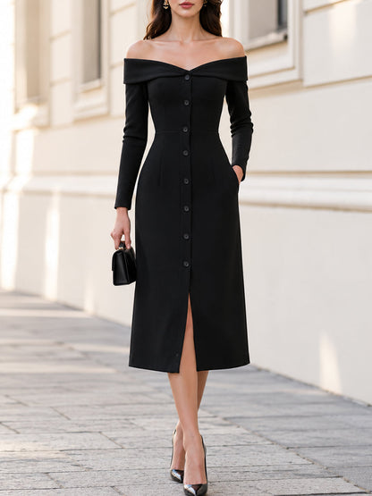 Off Shoulder Fold Over Collar Button Front Long Sleeve Midi Dress