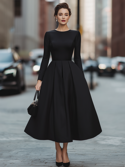 Elegant Long Sleeve Pleated Maxi Dress With Cinched Waist