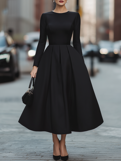 Elegant Long Sleeve Pleated Maxi Dress With Cinched Waist
