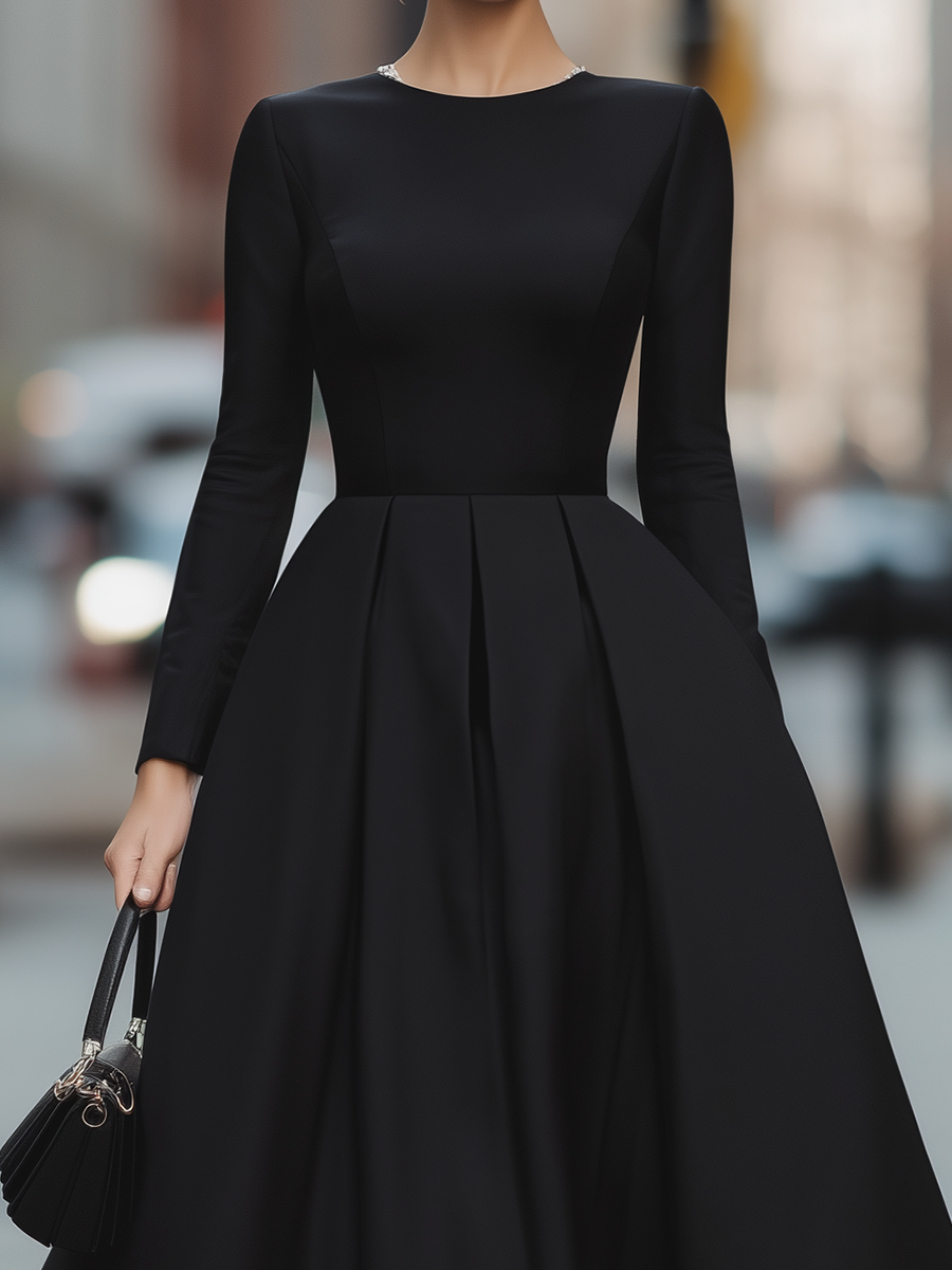 Elegant Long Sleeve Pleated Maxi Dress With Cinched Waist