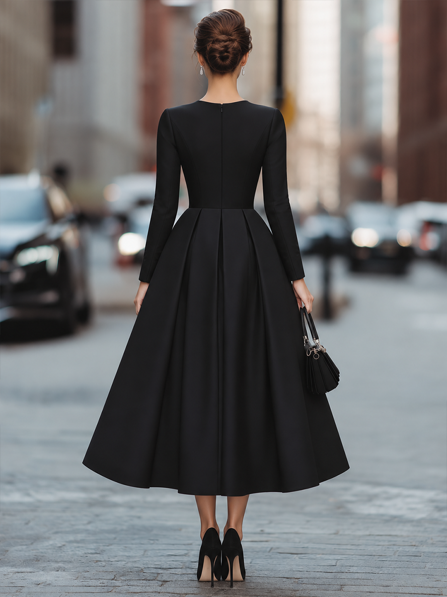 Elegant Long Sleeve Pleated Maxi Dress With Cinched Waist