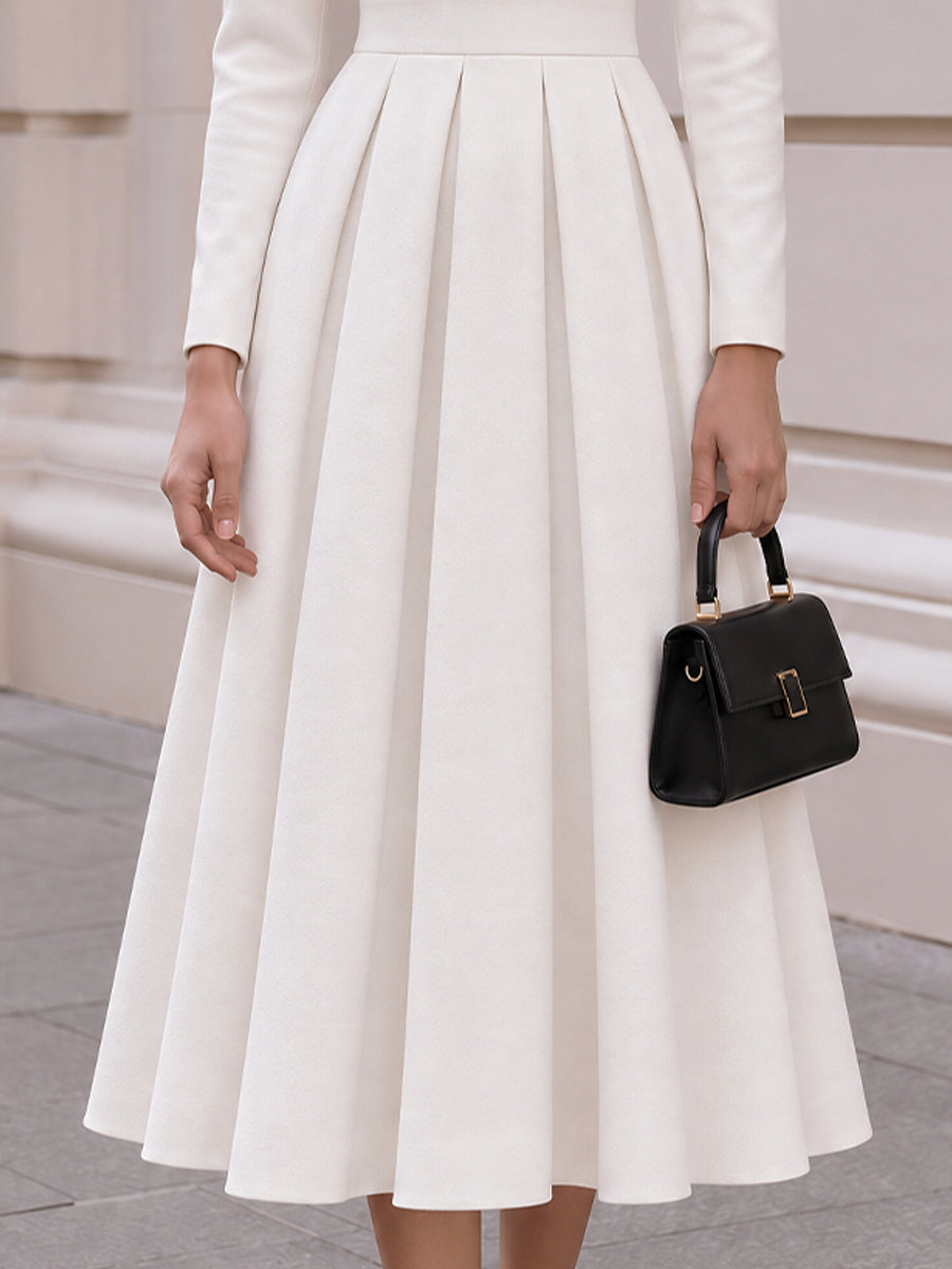 Mock Neck Long Sleeve Pleated Fit And Flare Midi Dress