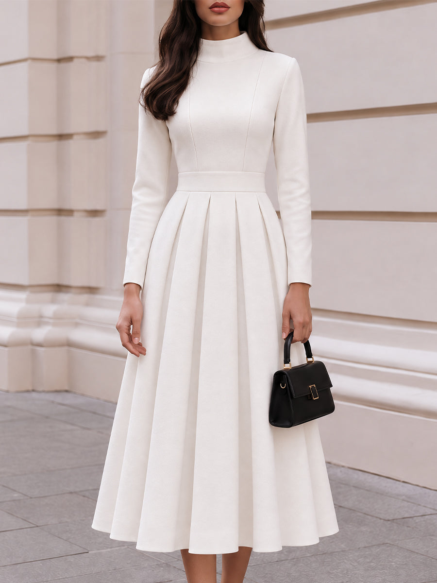 Mock Neck Long Sleeve Pleated Fit And Flare Midi Dress