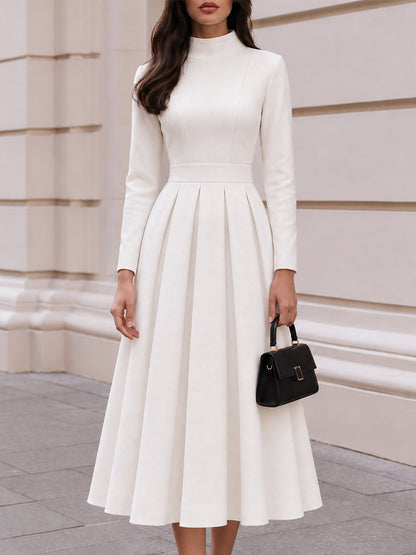 Mock Neck Long Sleeve Pleated Fit And Flare Midi Dress