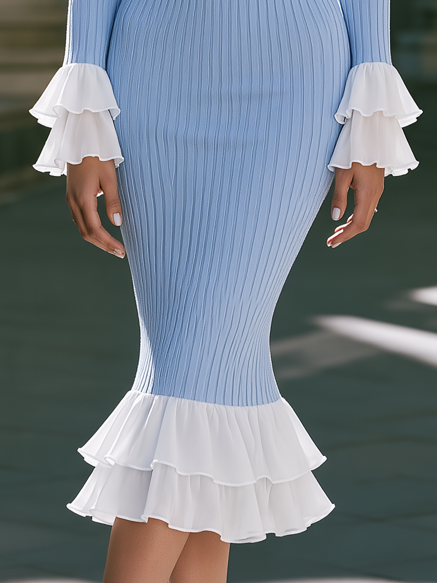 Ruffle Cuffs And Hem Boat Neck Ribbed Knit Midi Dress