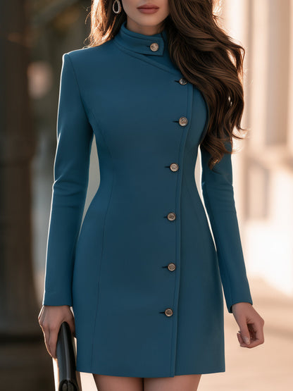 Asymmetric Collar Long Sleeve Button Front Fitted Mini Dress