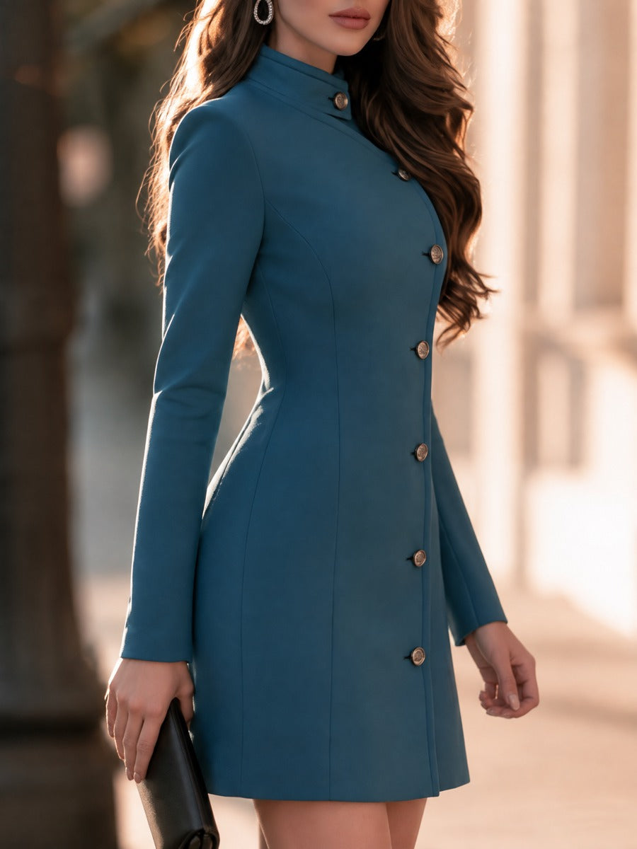 Asymmetric Collar Long Sleeve Button Front Fitted Mini Dress