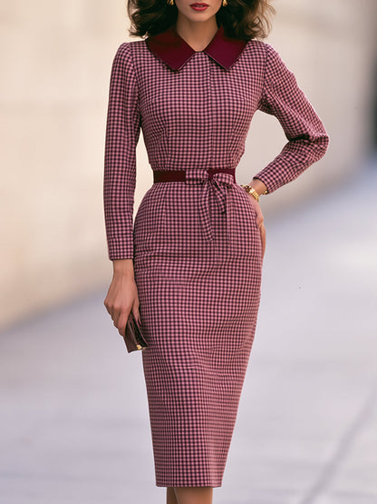 Vintage Color-Block Plaid Midi Dress with Waist Tie