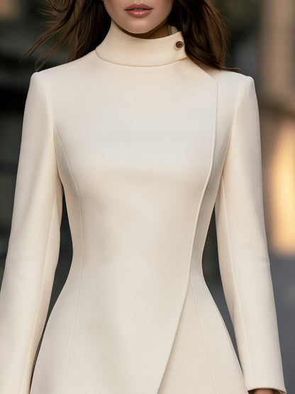 Mock Neck Asymmetric Faux-Placket A-Line Coat Dress