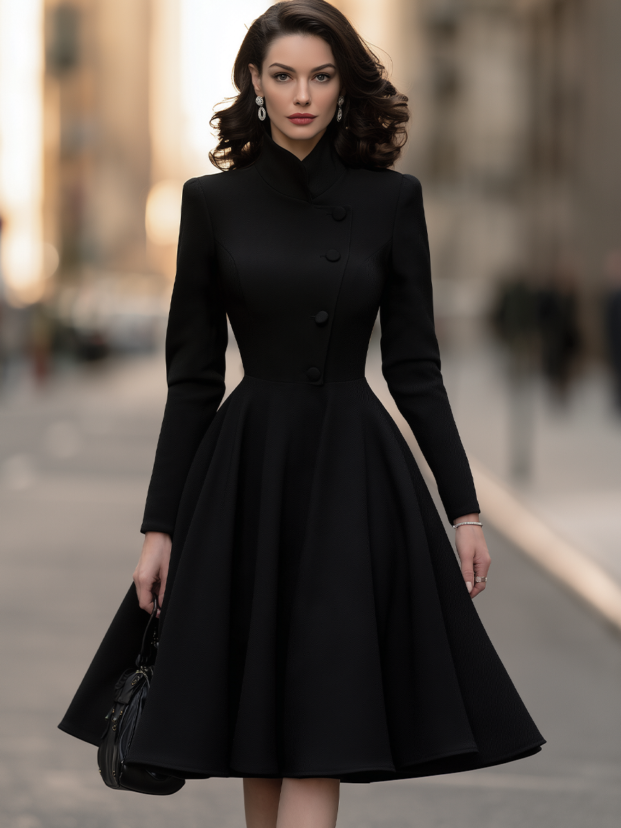 Stand Collar Long Sleeve Asymmetric Button-Front Fit And Flare Midi Coat Dress