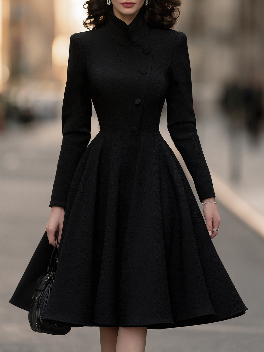 Stand Collar Long Sleeve Asymmetric Button-Front Fit And Flare Midi Coat Dress