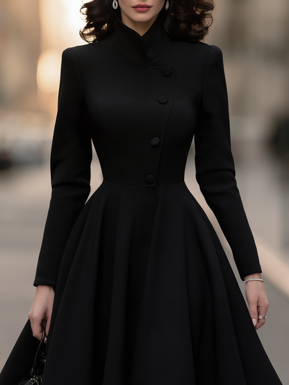 Stand Collar Long Sleeve Asymmetric Button-Front Fit And Flare Midi Coat Dress