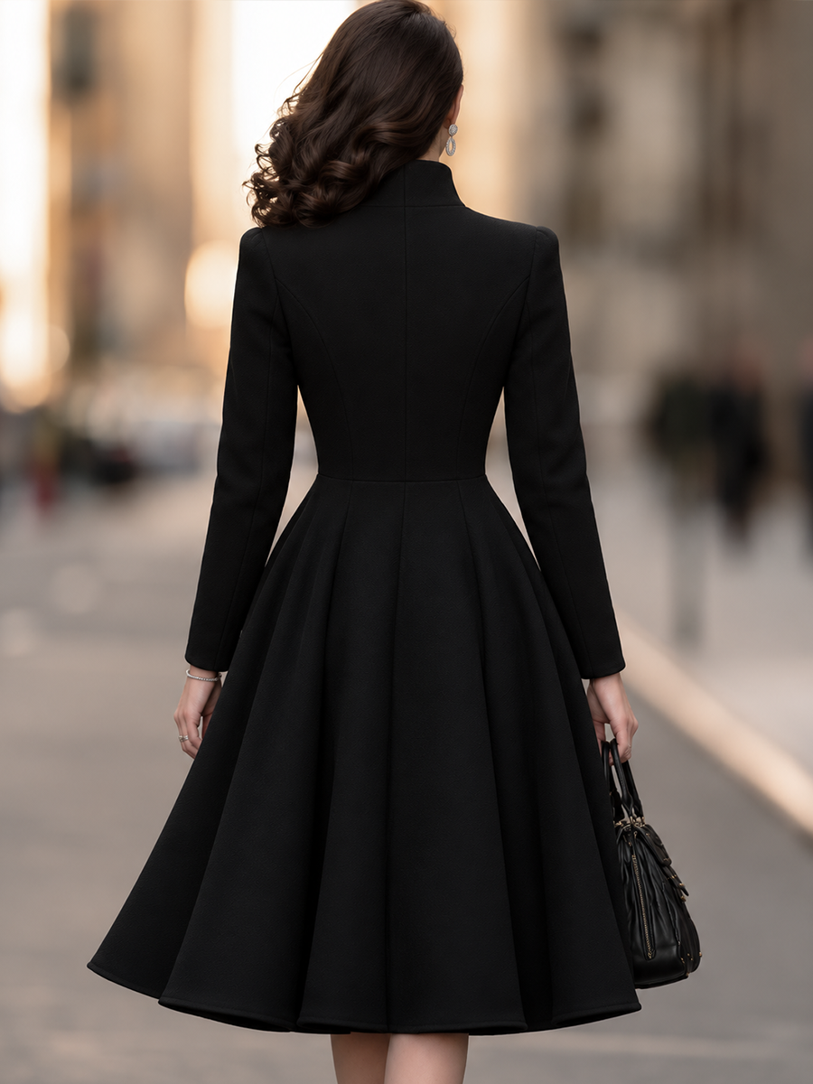 Stand Collar Long Sleeve Asymmetric Button-Front Fit And Flare Midi Coat Dress