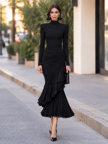 Mock Neck Ruched Asymmetric Ruffle Mermaid Midi Dress
