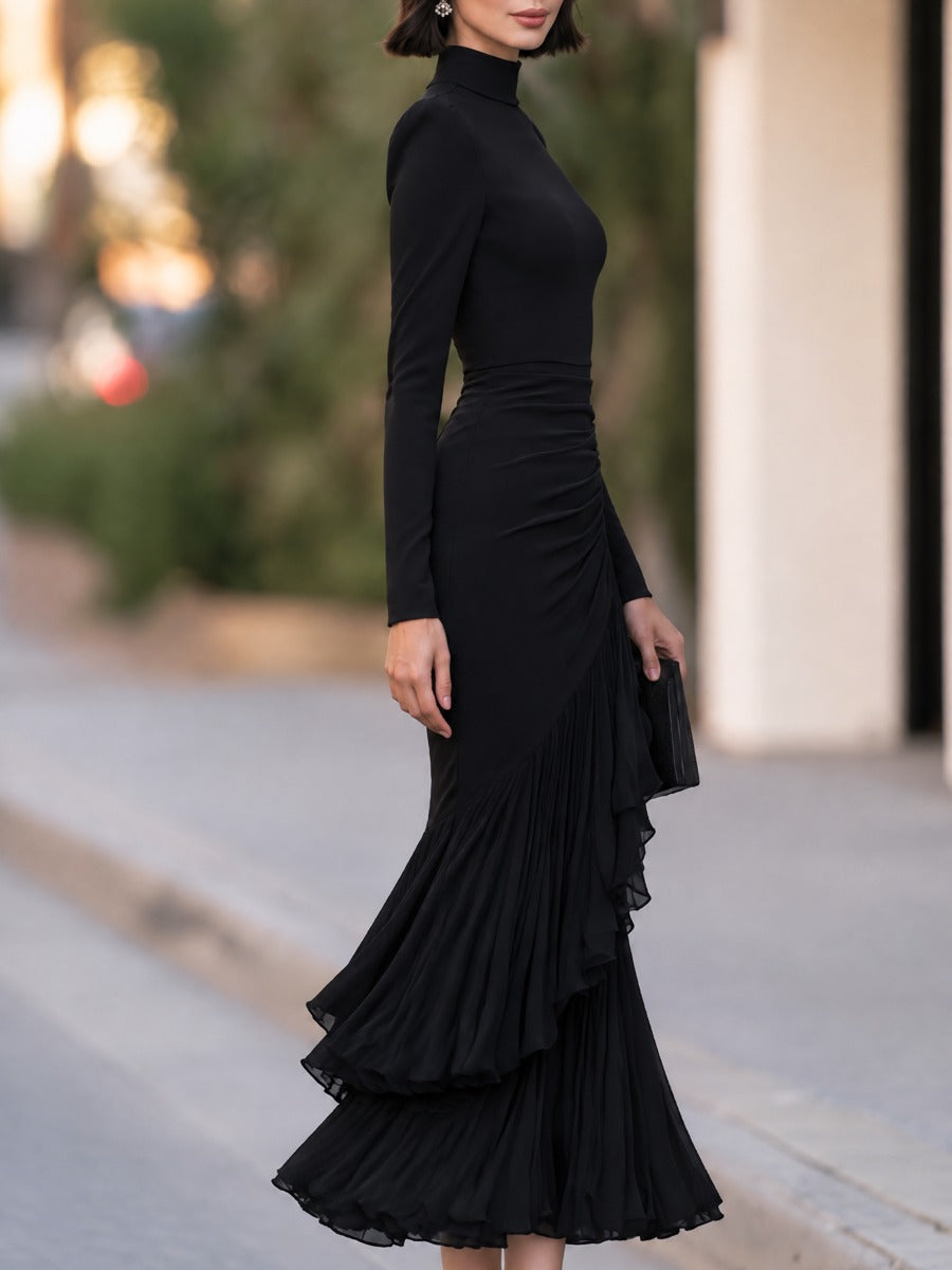 Mock Neck Ruched Asymmetric Ruffle Mermaid Midi Dress