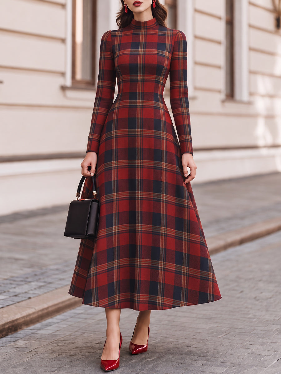 High Neck Tartan Plaid Long Sleeve Fit And Flare Maxi Dress