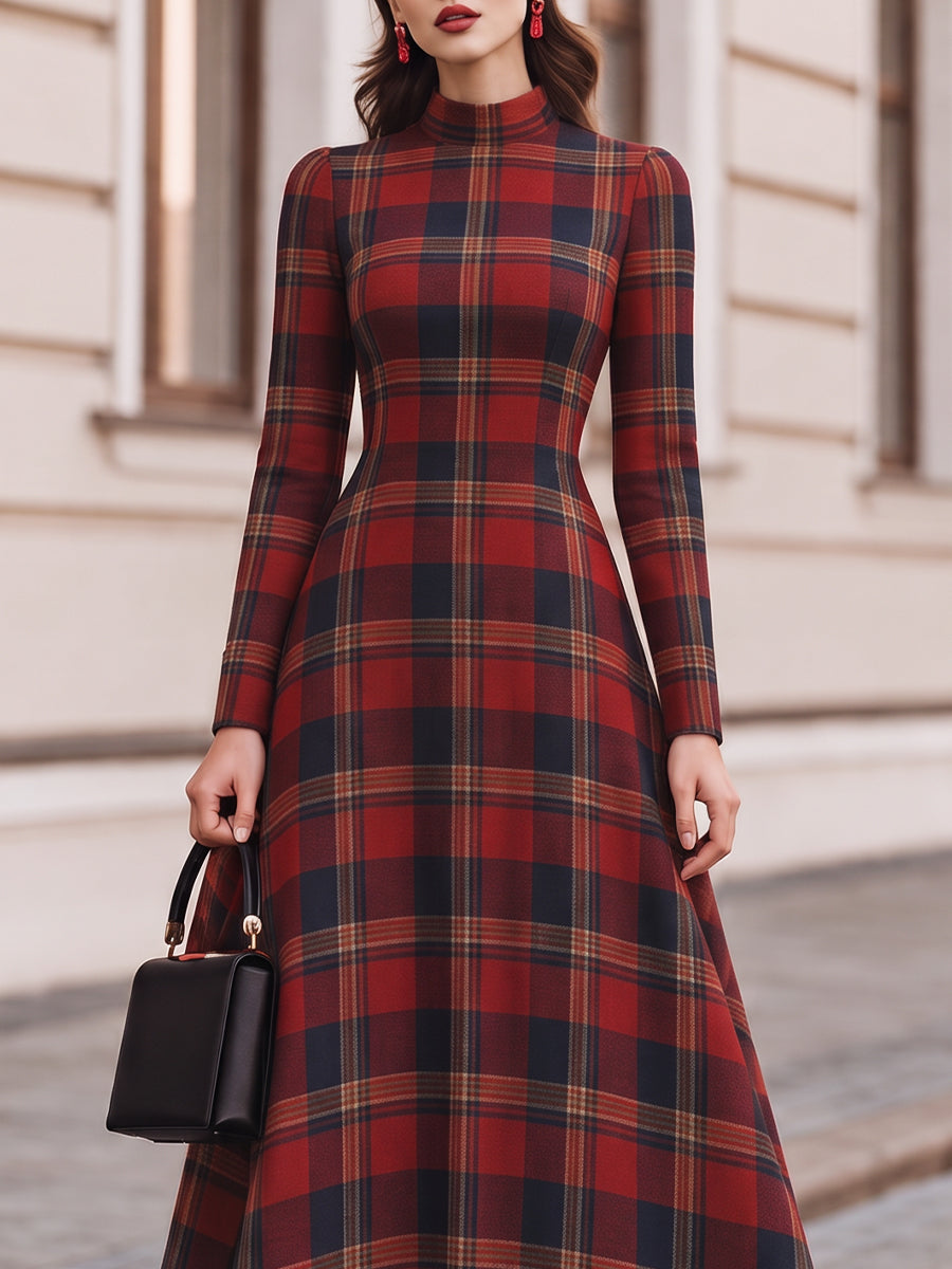 High Neck Tartan Plaid Long Sleeve Fit And Flare Maxi Dress