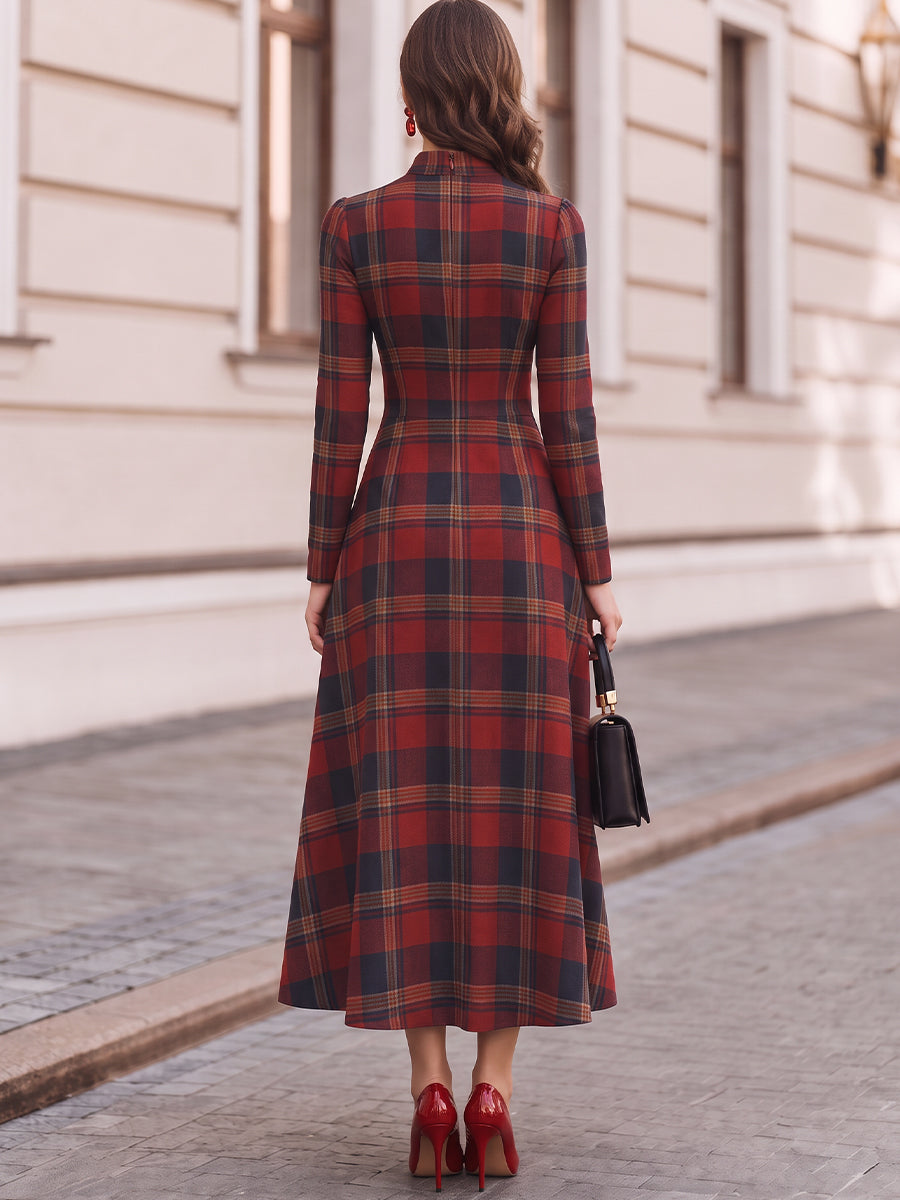 High Neck Tartan Plaid Long Sleeve Fit And Flare Maxi Dress