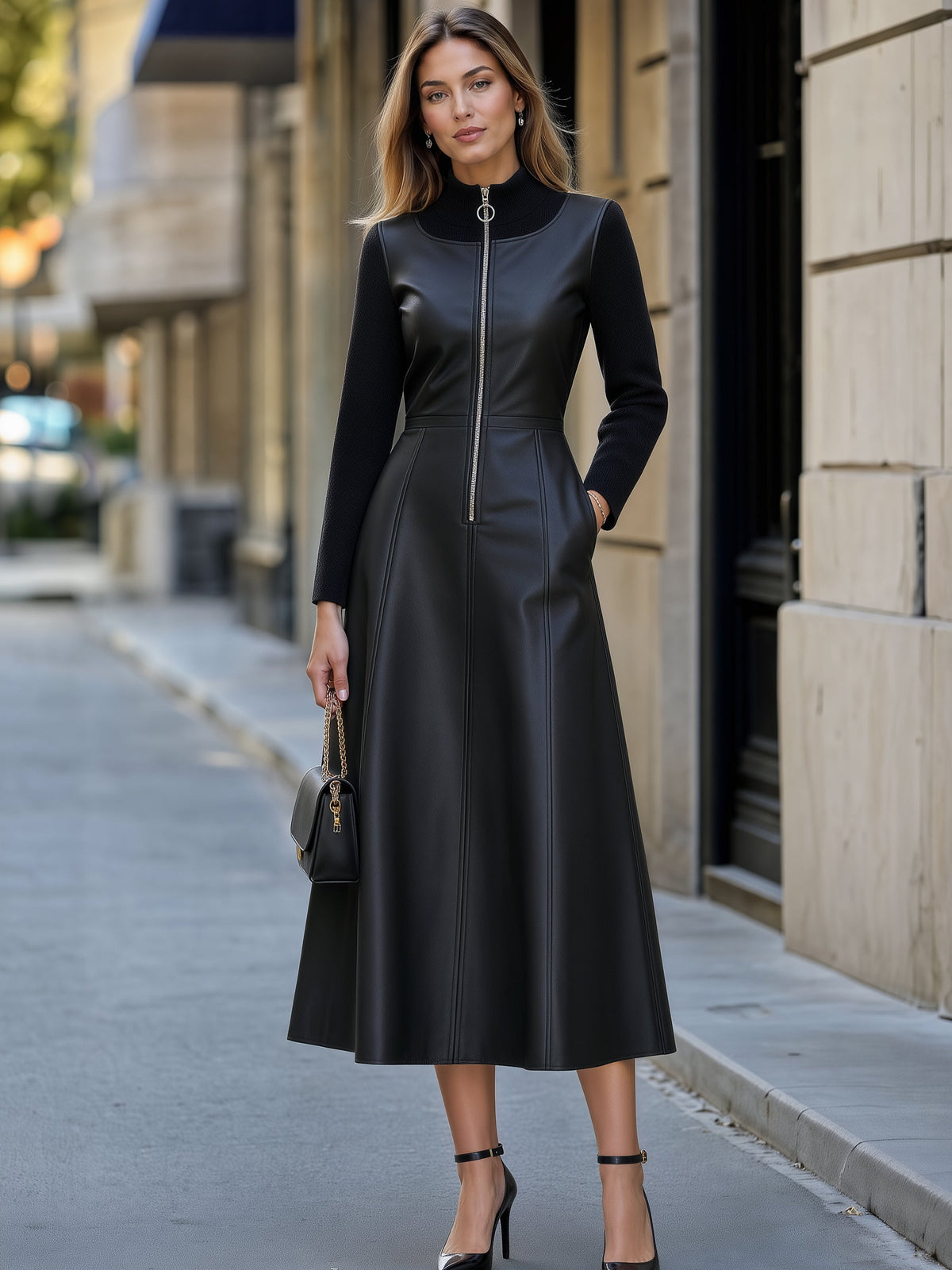 Zip-Front Faux Leather Panel Midi Dress