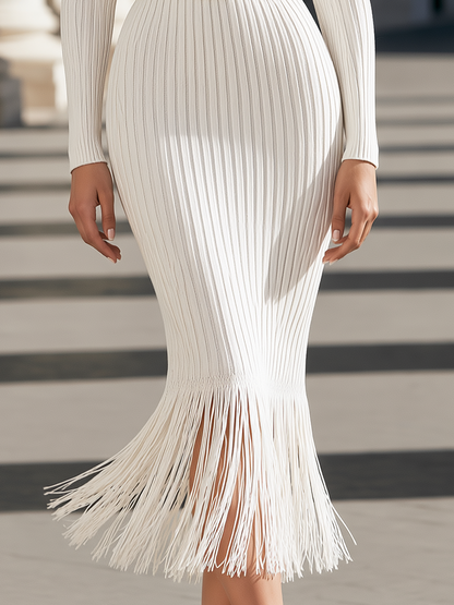 Turtleneck Knit Fringe Hem And Matching Belt Midi Dress