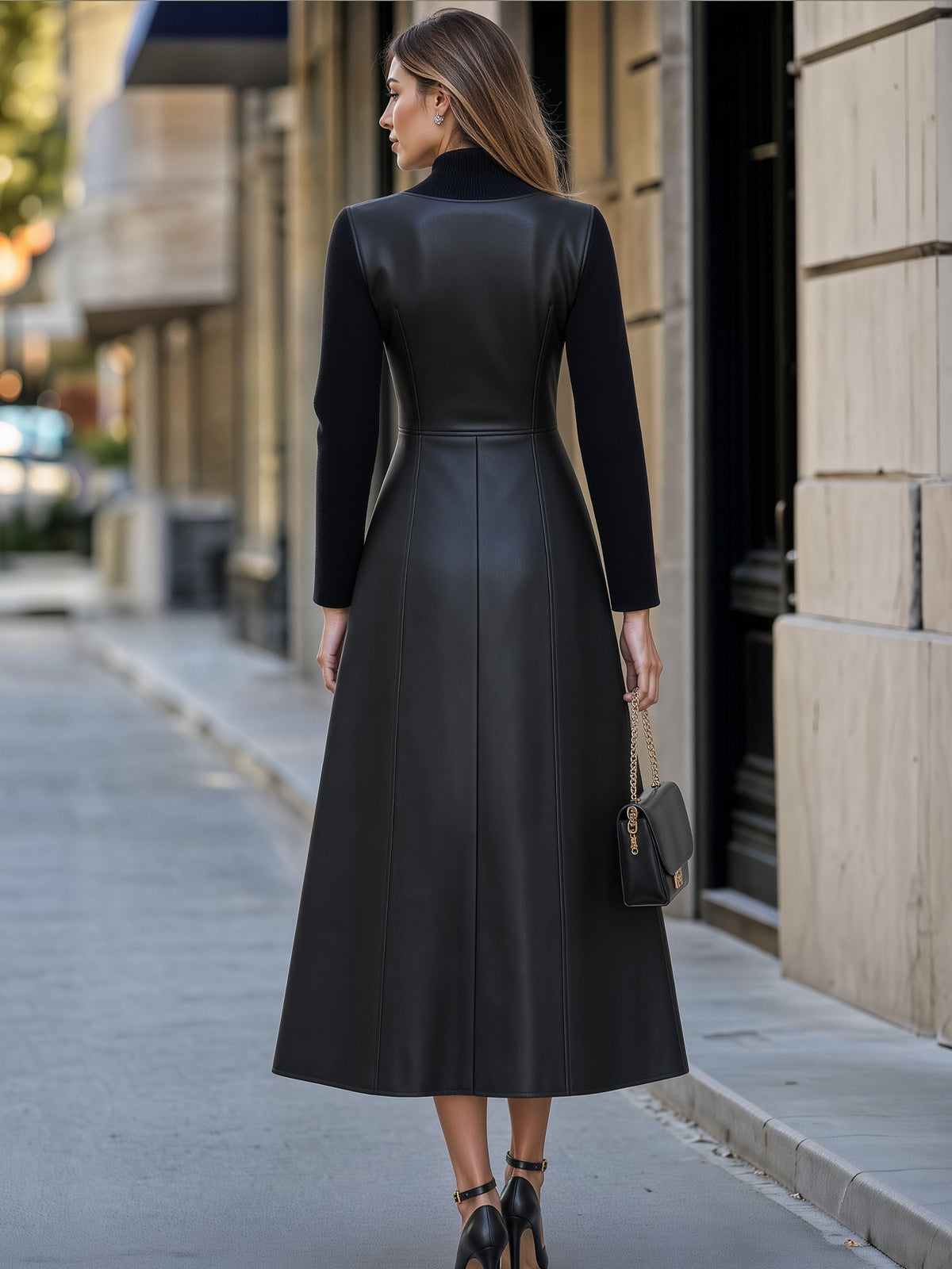 Zip-Front Faux Leather Panel Midi Dress