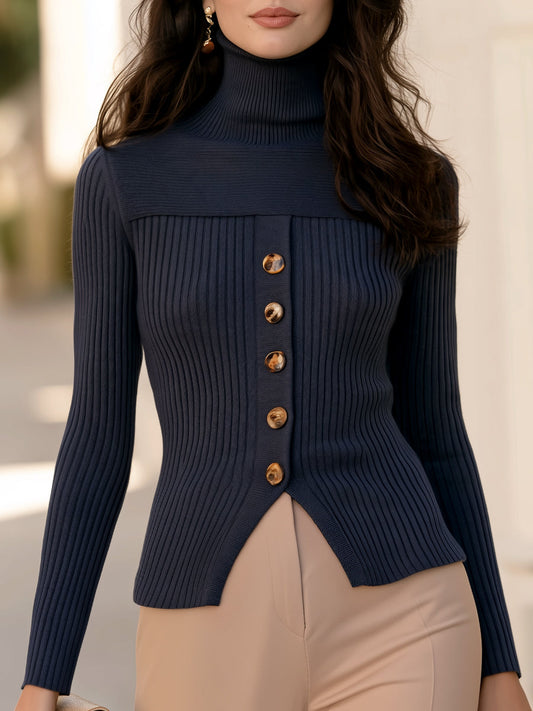 Turtleneck Button Front Horizontal Yoke Sweater