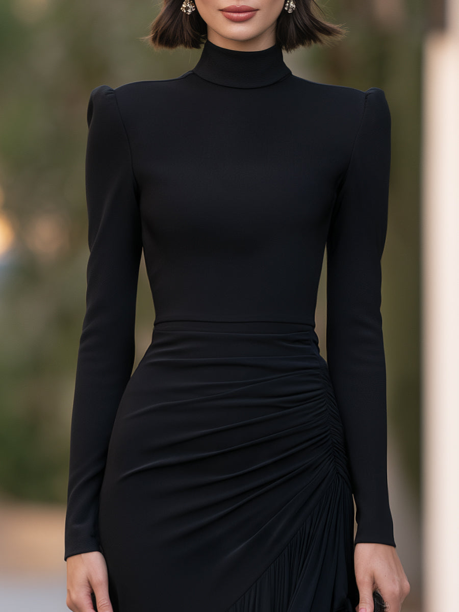 Mock Neck Ruched Asymmetric Ruffle Mermaid Midi Dress