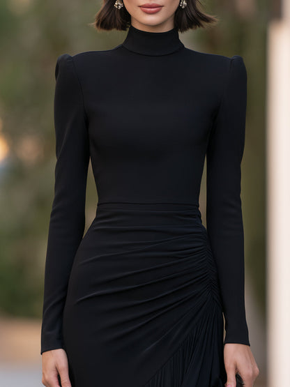 Mock Neck Ruched Asymmetric Ruffle Mermaid Midi Dress
