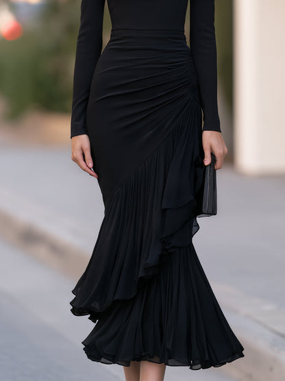 Mock Neck Ruched Asymmetric Ruffle Mermaid Midi Dress