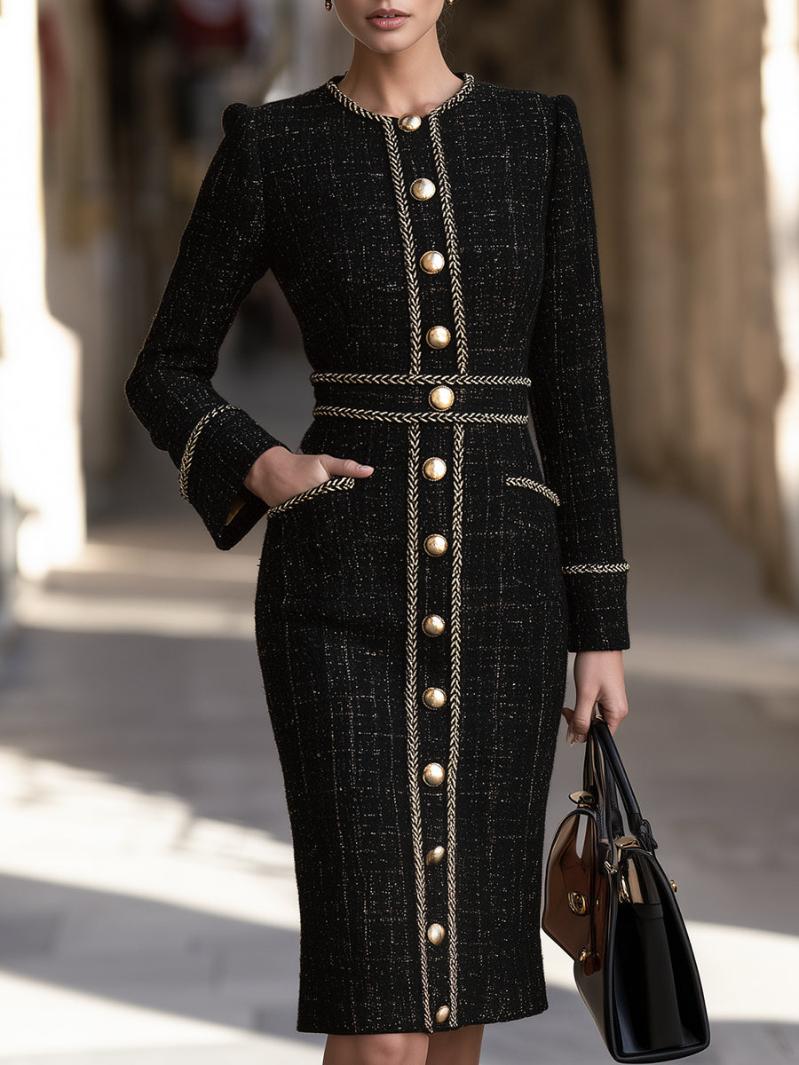 Elegant Tweed Long Sleeve Dress with Gold Button Trim