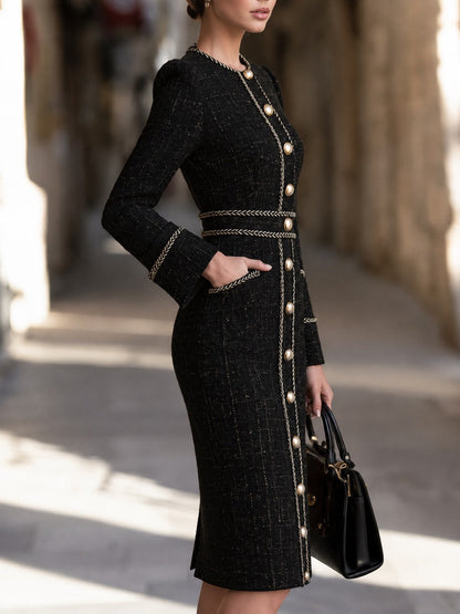 Elegant Tweed Long Sleeve Dress with Gold Button Trim