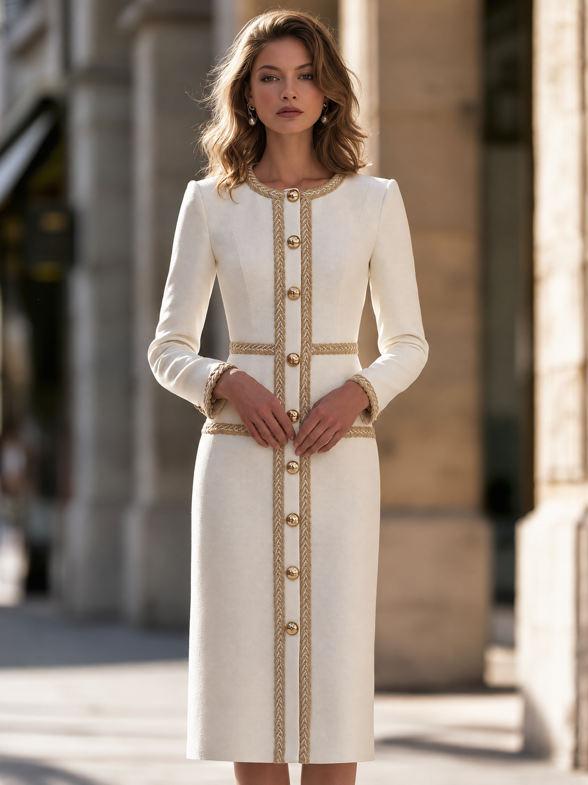 Herringbone Braid Trimmed Button-Front Sheath Midi Dress