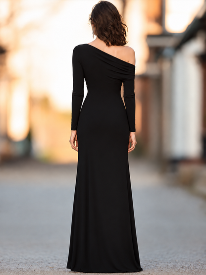 Asymmetric One-Shoulder Long Sleeve Ruched Maxi Dress With Thigh Slit
