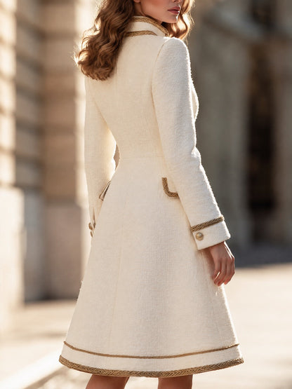 Braided Trim Stand Collar Bouclé Tweed Fit-and-Flare Midi Coat