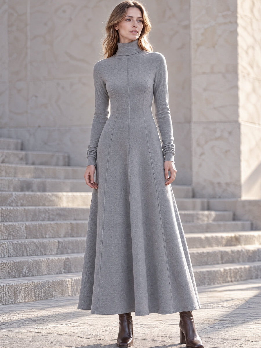 Turtleneck Panelled Seam Long Sleeve Maxi Fit-and-Flare Dress